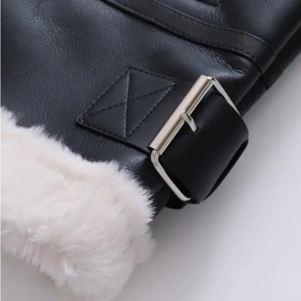 81 moto jacket faux leather faux fur zip up black coat jacket - Picture 10 of 13